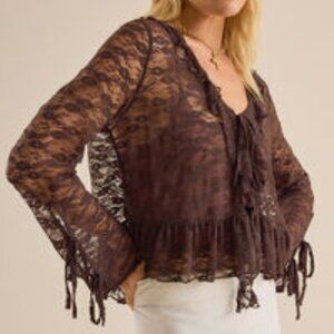 Altar'd State Brown Luna Lace Front Tie Bohemian Sheer Tunic Blouse